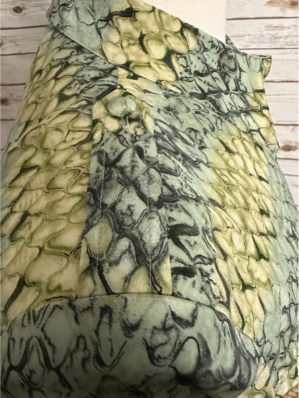 Vintage 100% silk reptile print midi dress Size 16 yellow green button up safari - Image 6