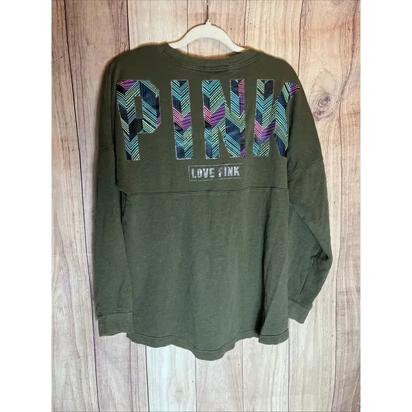 Pink Victoria's Secret Women's Olive Green Sweatshirt Size Medium Long Sleeve - Image 7