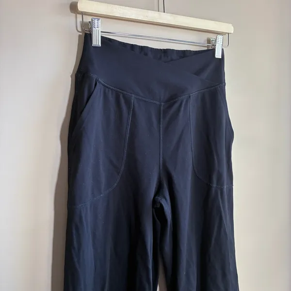 Crossover Waist Wide Leg Yoga Pants M Black Womens High Rise Pocket - Image 2