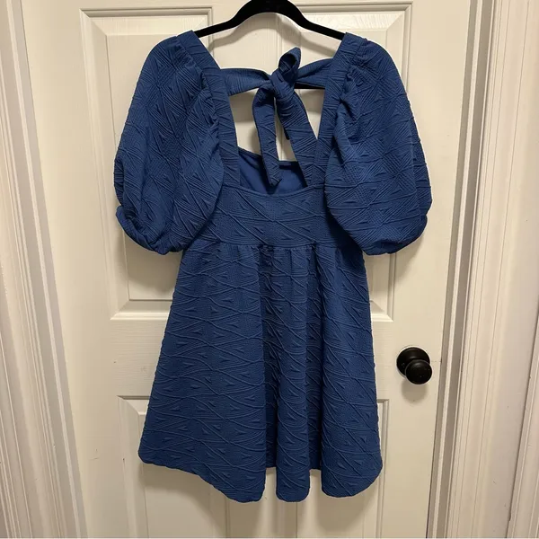 Free People cut out back mini dress blue back tie puff sleeve babydoll dress - Image 4