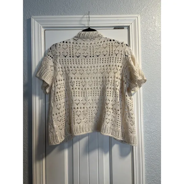 World‎ Unity Cardigan Womens Medium Cream Crochet Knit Short Sleeve Open Front M - Image 5
