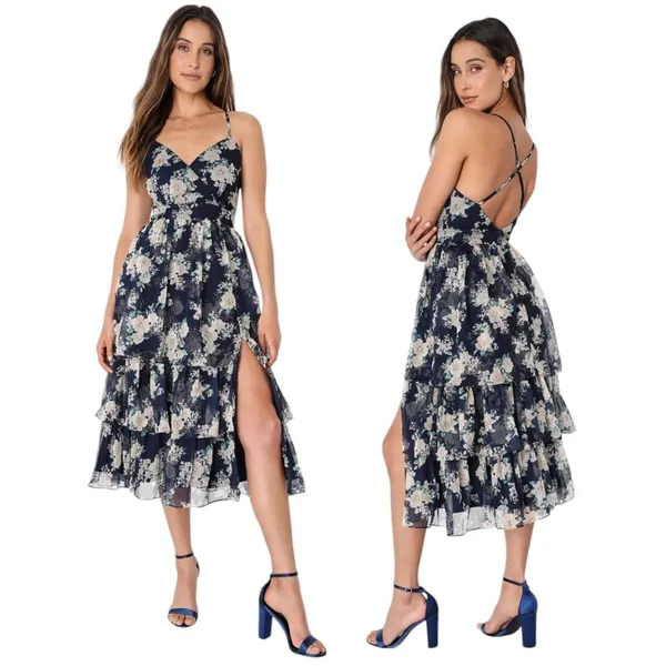 Lulus Cultivate Crushes Navy Floral Print Tiered Ruffled Midi Dress Size S - Image 2