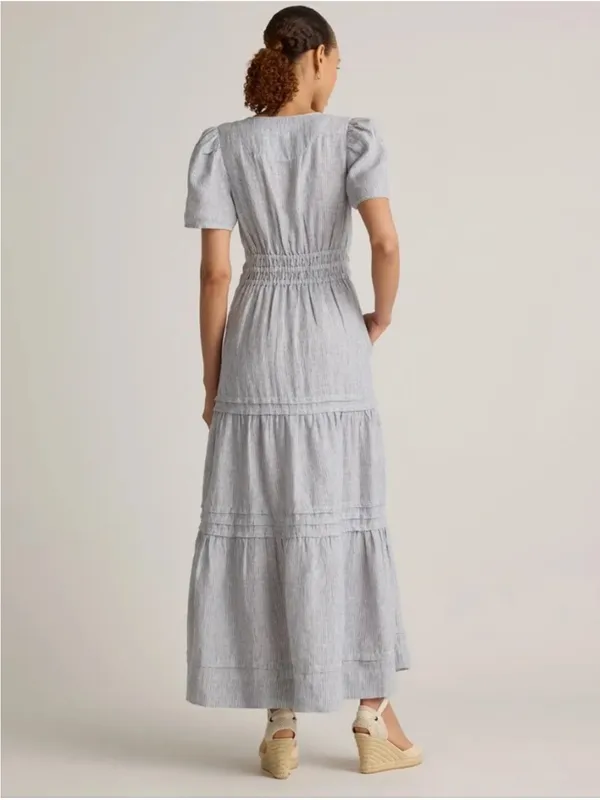 Quince 100% European Linen Tiered Maxi Dress Blue Pinstripe - Image 16