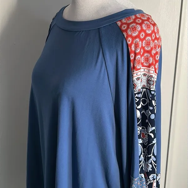 New Boho Balloon Sleeve Color Block Patchwork Jersey Knit Top Long Sleeve Blouse - Image 8