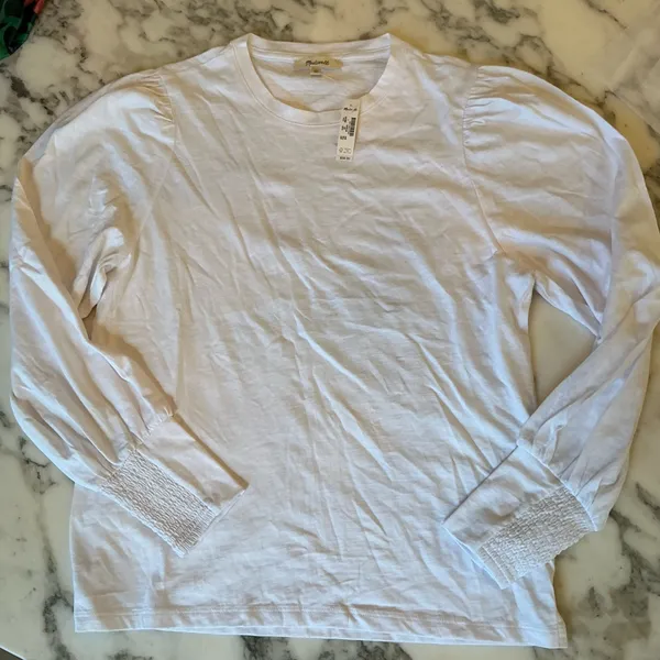 NWT Madewell Smocked Long-Sleeve Top in Soft Slub White Sz L - Small Mark - Image 4
