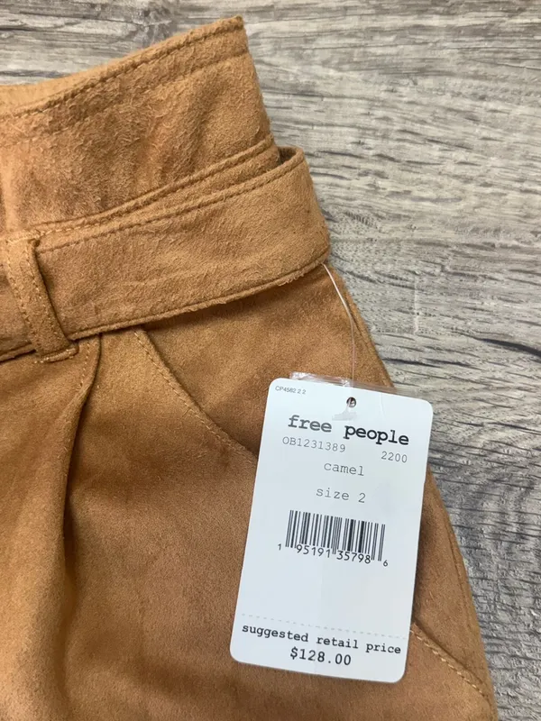Free People Camel Nightfall‎ Vegan Faux Suede Tie High-Waisted Paperbag Pants - Image 5
