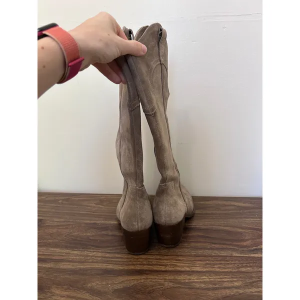 Crown Vintage Windy‎ Taupe Suede Western Tall Boots Womens 7M Stacked Heel - Image 3