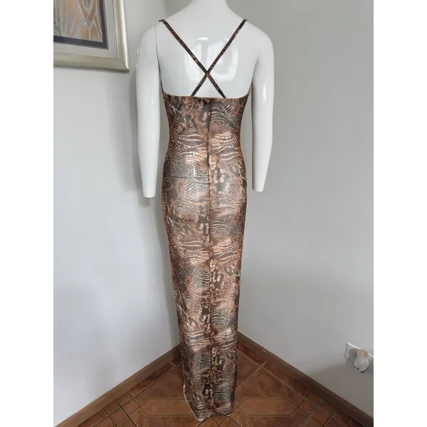 Pretty Little Thing Maxi Dress Cover Up Mesh Brown Leopard Print Size 2 Spaghetti Strap Summer Dress - Image 4