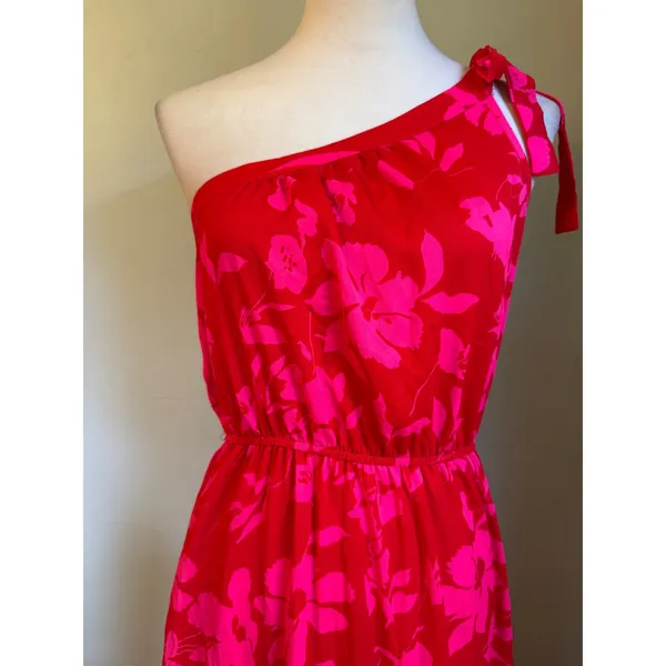 PrettyGarden One Shoulder Floral Maxi Dress Red Pink Tiered Boho Summer M resort - Image 3