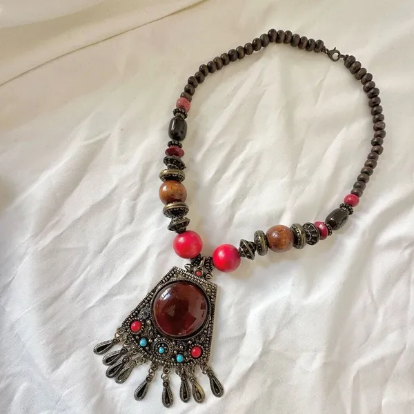 Ethnic wood beaded large pendant necklace - Image 3