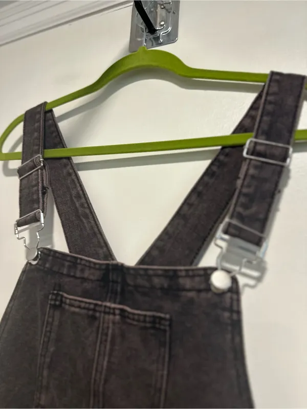 Black denim overalls jumpsuit Sz:L acid washed relaxed fit wide leg Baggy. - Image 9