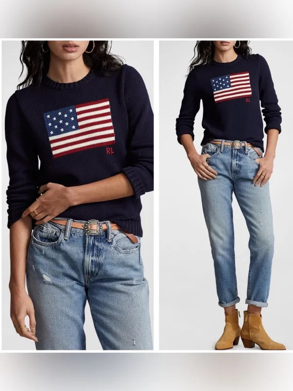 Polo Ralph Lauren American Flag Cotton Crewneck Sweater Navy S Preppy Americana - Image 2