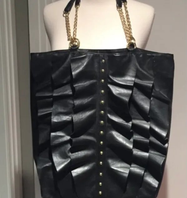 Designer Shoe Warehouse Black Faux Leather Ruffled Shoulder Tote Bag + Matching Pouch - Image 3