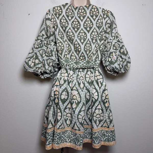 Anthropologie‎ Ash Eden Women 100% Cotton Mini Wrap Dress XS Green Cottage Party - Image 12