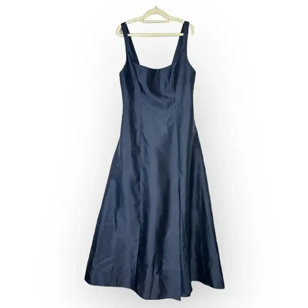Alfred Sung Maxi Gown Women's 14R Navy Blue Square Neck Satin A-Line Sleeveless - Image 3