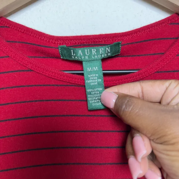 Lauren Ralph Lauren Women Cotton Top M Red Striped Long Sleeve Pocket‎ Preppy - Image 5