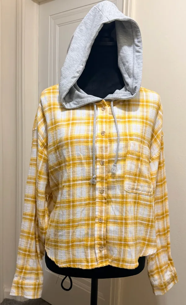 Ultra Flirt Yellow Plaid Hooded Flannel Button-Down Shirt Size XL - NWOT - Image 3