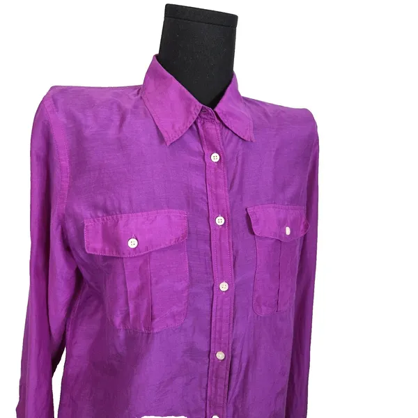 Lauren Ralph Lauren Button Up Shirt Women Large Purple Cotton Silk Utility Light - Image 2
