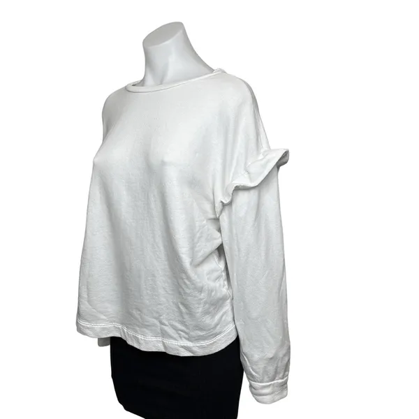 Ann Taylor LOFT White Ruffle Long Sleeve Oversized Crew Neck Pullover Sweatshirt Top Size L - Image 2