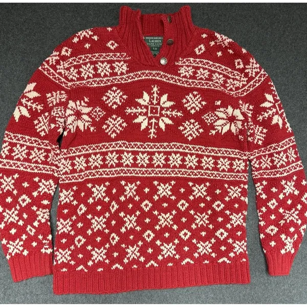 Vtg‎ Ralph Lauren Hand Knit Button Neck Sweater Red Nordic Snowflake P M - Image 2