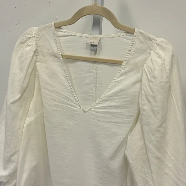 A New Day White V-Neck Puff Sleeve Blouse Medium Cotton Rayon Top Boho Casual - Image 4