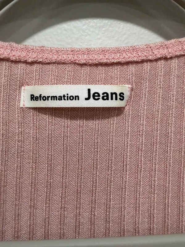 Reformation Jeans Pink Ribbed Tie Front Crop Top Size Small - Image 6