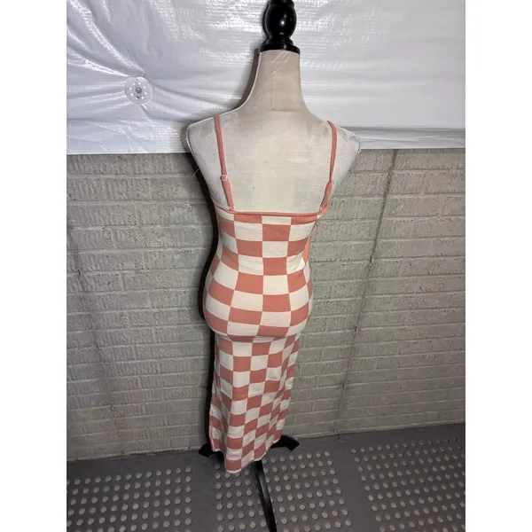 Amazon Peach Cream Checkered Knit Maxi Dress Small Adjustable Straps Bodycon Sweater - Image 3