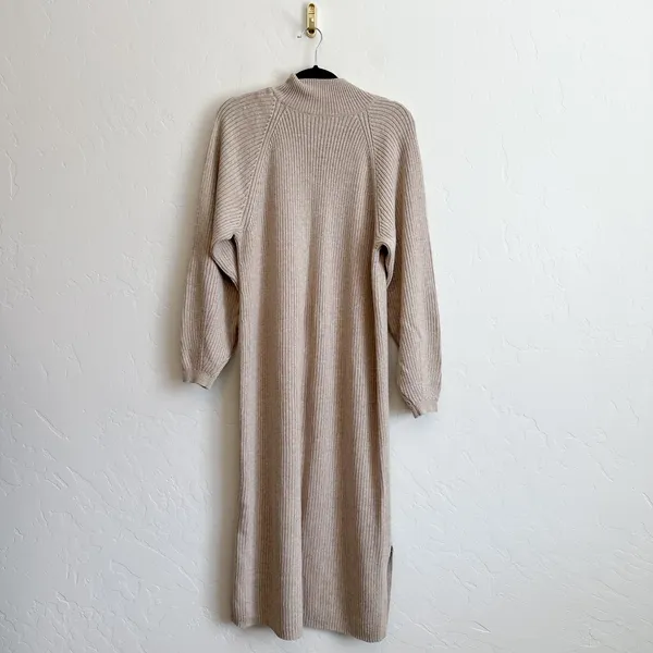 & Other Stories | Mock Neck Ribbed Knit Wool Blend Midi Dress in Oatmeal Tan‎ - Image 4