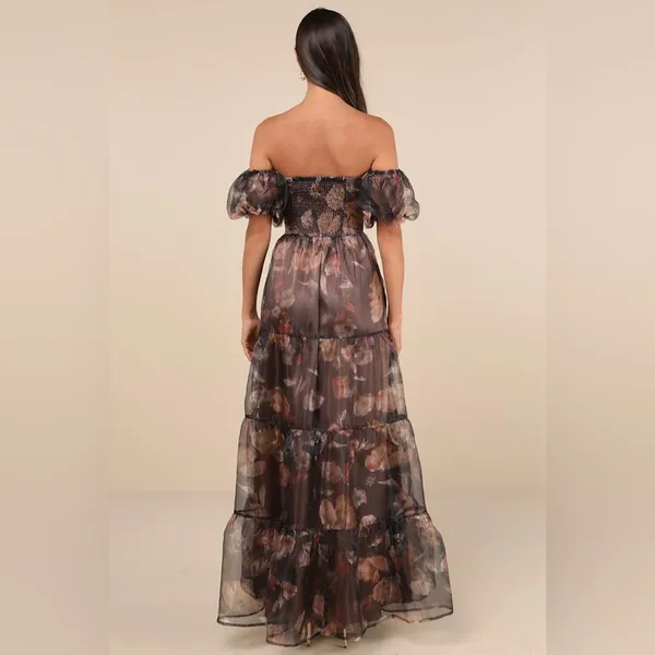 Lulus Exquisite Finesse Brown Floral Organza Maxi Dress With Pockets - Image 4