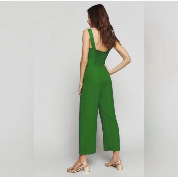 Reformation Alva Jumpsuit Womens 2 Kelly Green‎ Smocked Wide Leg Sleeveless Crop - Image 3
