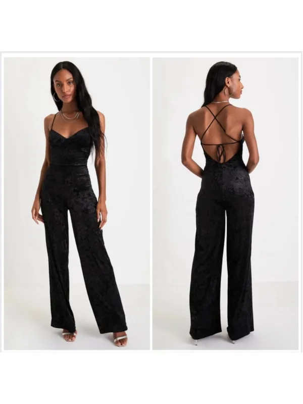 Lulus Certified Babe Black Glitter Velvet Strappy Back Jumpsuit XS - Image 2