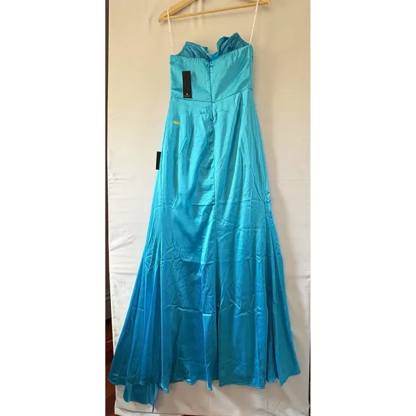 Lulus Turquoise Blue Satin Strapless Ruched Maxi Dress HD2848 Prom Gown - Image 3