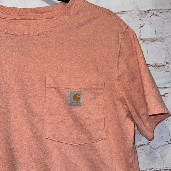 Carhartt Shirt Womens Small Peach T-Shirt Chest Pocket Loose Fit Crewneck Comfy - Image 2