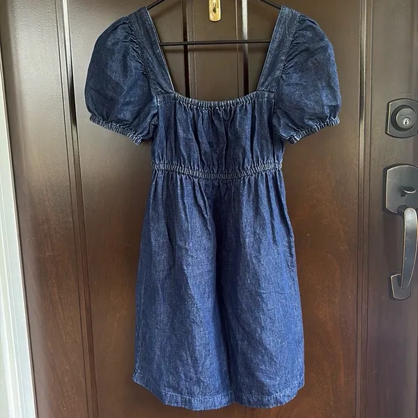 EUC J. Crew Linen Blend Denim Square Neck Puff Sleeve Dress Size 00 - Image 4