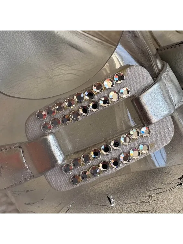 Mister Lovers Silver Slingback Heels Clear PVC Rhinestone Y2K Square Toe Sandals - Image 5