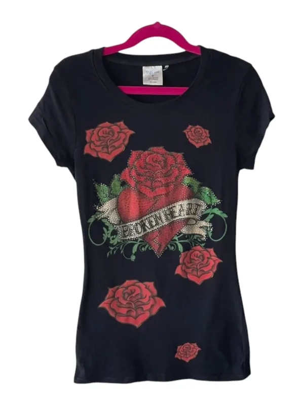 Y2K: Broken Heart ✿ Crystal Rose Tattoo Tee T Shirt ✿ Black Small ✿ Stretch Fit - Image 3