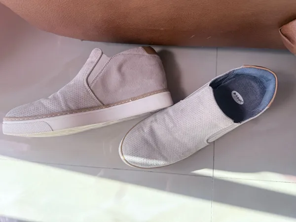 Dr. Scholl's "If Only" wedge slip-on sneakers in a light gray perforated suede material. - Image 10