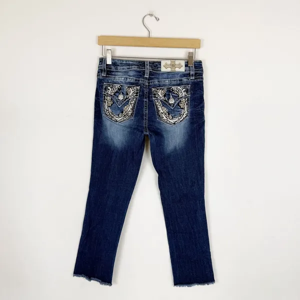 Miss Me Jeans Capri Mid Rise Raw Hem Logo Embellished Festival - Image 3