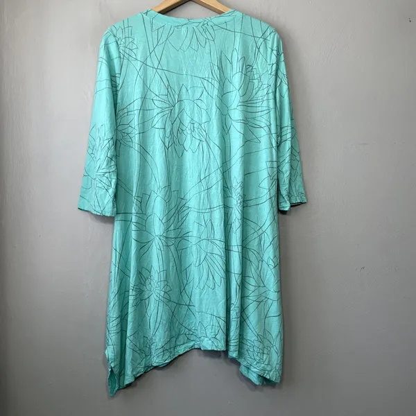 Chalet Tunic Top Size Large Blue Bamboo Lotus Flower Floral Knit Lagenlook Artsy - Image 7