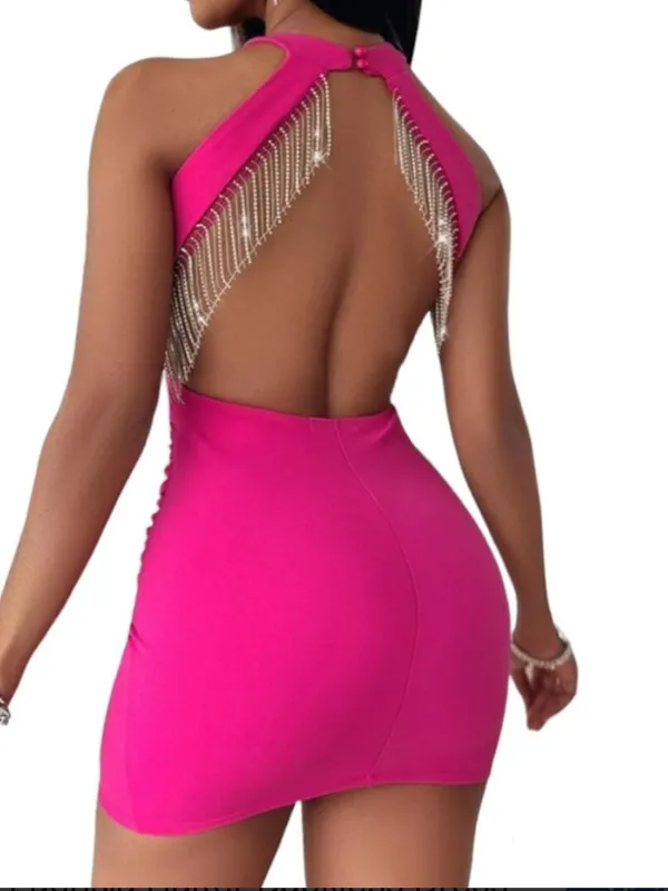 Sincerly Jules Hot Pink Rhinestone Fringe Open-Back Mini - Image 2