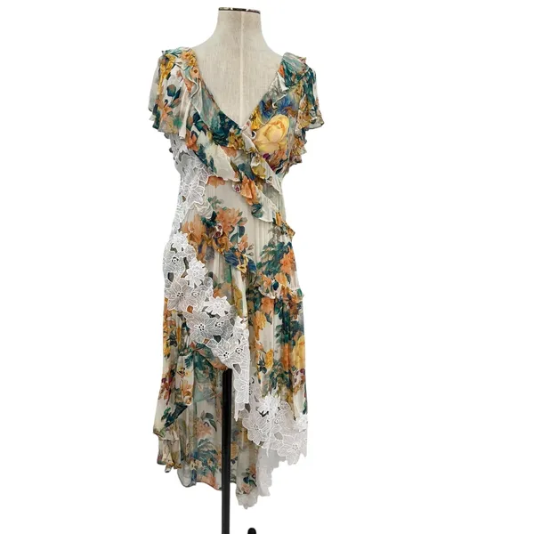 Anthropologie V-Neck Ruffle Lace Slip‎ Dress Floral White Multicolor Size US 4 - Image 3