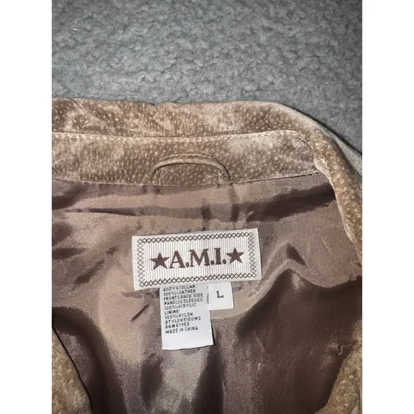 Retro Leather Knit Jacket Women L Brown Ribbed Full Zip VTG‎ Boho Mixed Media - Image 7