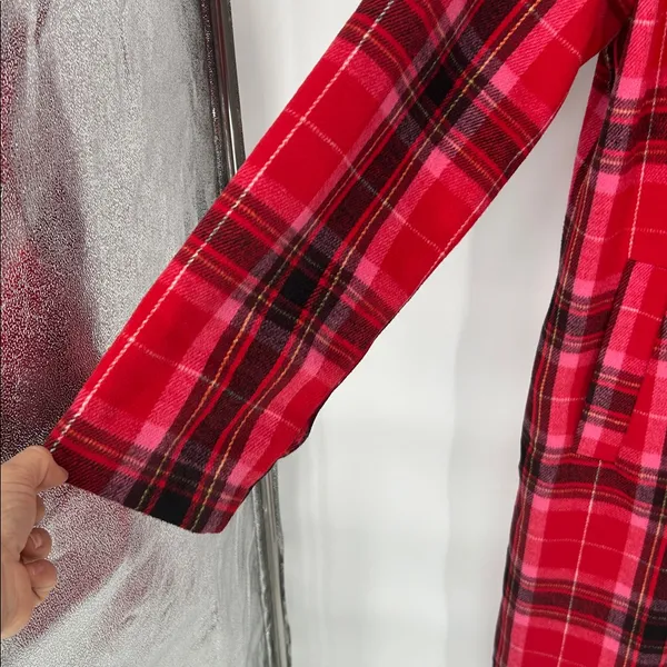 Old Navy Women’s Long Coat Red Tartan Plaid Oversized Soft Brushed Duster~L - Image 5