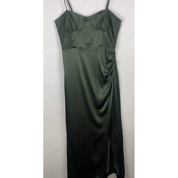 ZARA Green Satin Ruched Sweetheart Slip Midi Dress Spaghetti Strap Size S - Image 4