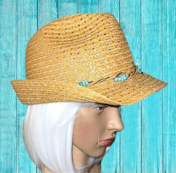 Cute straw fedora with turquoise beaded band! Tan - Image 3