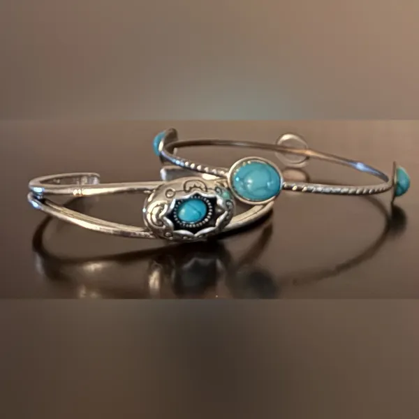 Silver Turquoise Cuff Bracelet Set | Southwestern Boho Stackable Bangles Blue - Image 2