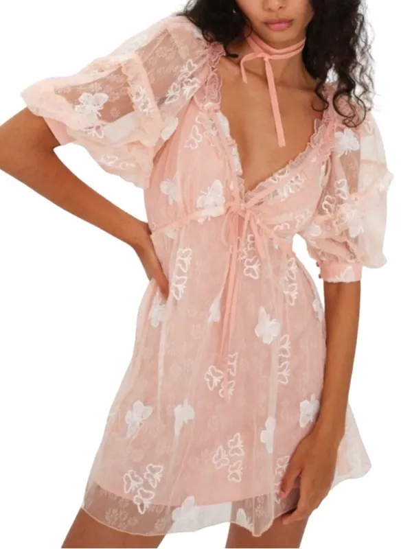 NWT For Love & Lemons Shari Sequined Butterfly Lace Puff Slv. Dress Size Small - Image 2
