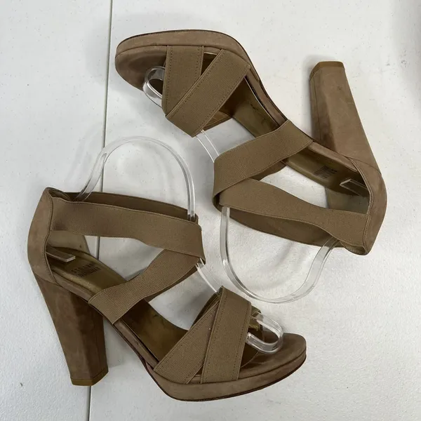 Stuart Weitzman Size 38 US 7.5 Heels‎ Elastic Strap Wrap Tan Suede High Chunky - Image 3