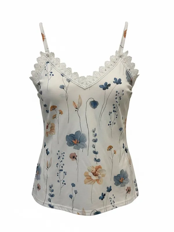 Floral Lace-Trim Camisole Top - White with Blue & Tan Flowers - Image 3