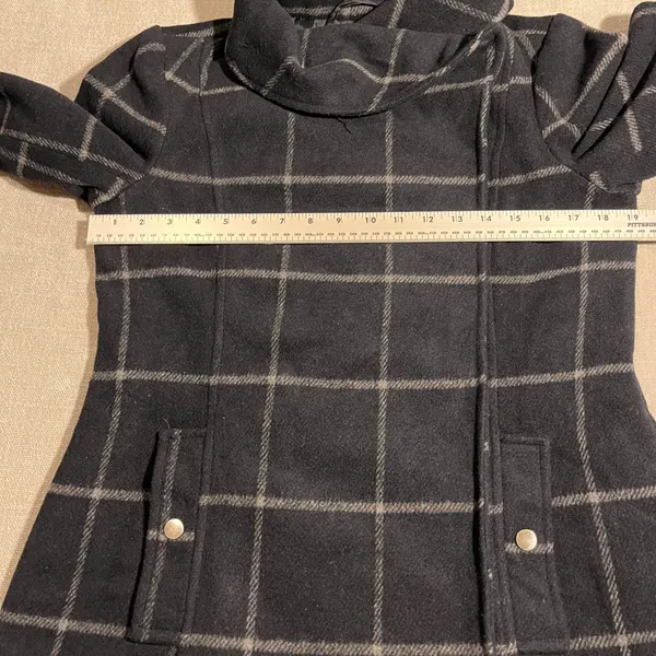 Coffee Shop New York Women's Navy‎ Plaid Asymmetrical Collar Jacket Size Small - Image 6